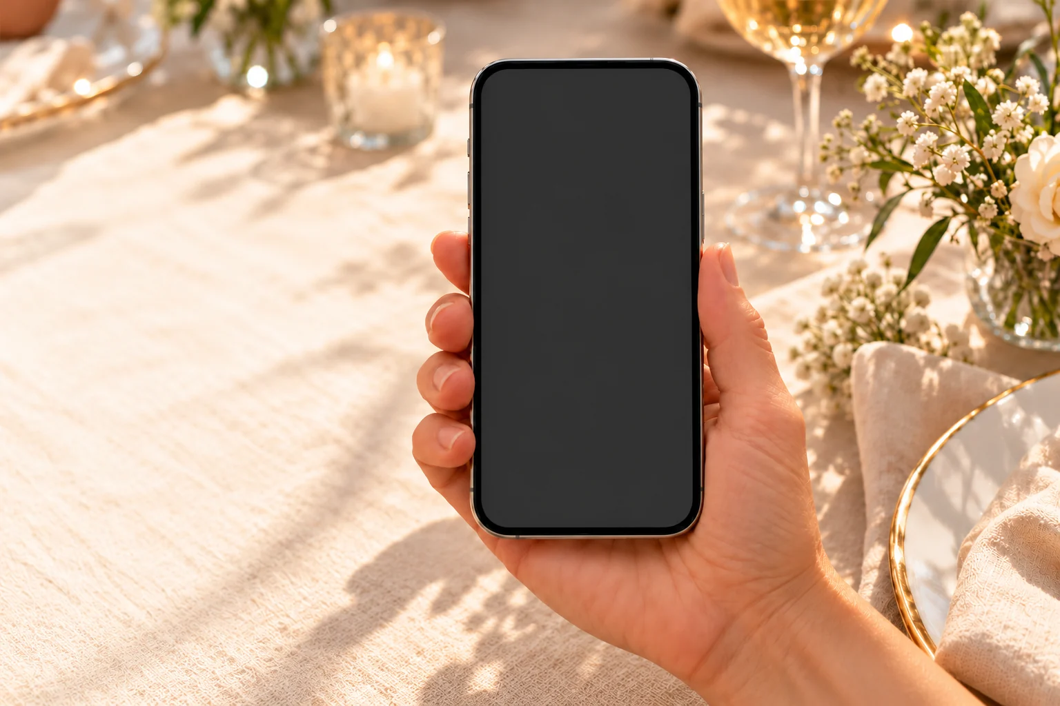 A guest holds a phone in a quiet corner of the celebration and opens the audio guestbook