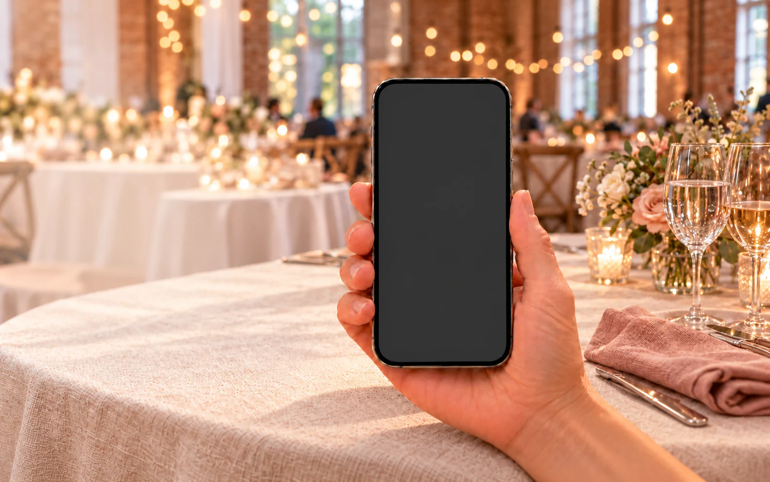 A guest writes a message on a phone at a decorated reception table