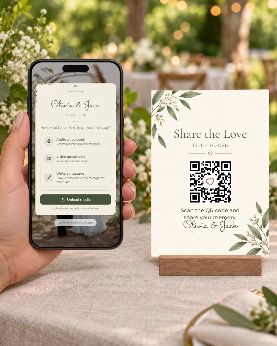 Botanical poetry: the guest page on a phone and its matching QR card