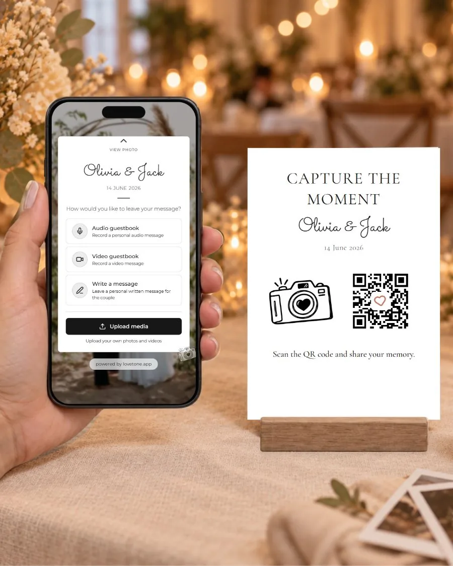 Snap & share: the guest page on a phone and its matching QR card