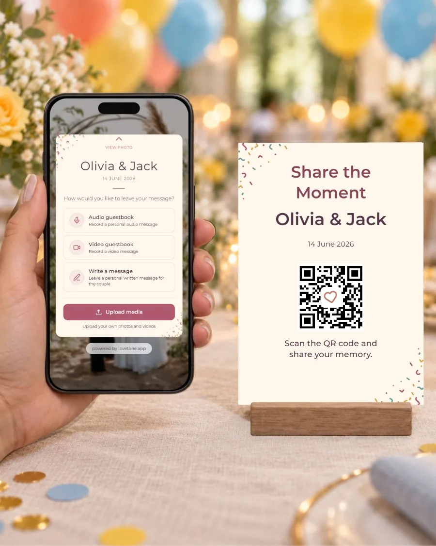 Party confetti: the guest page on a phone and its matching QR card