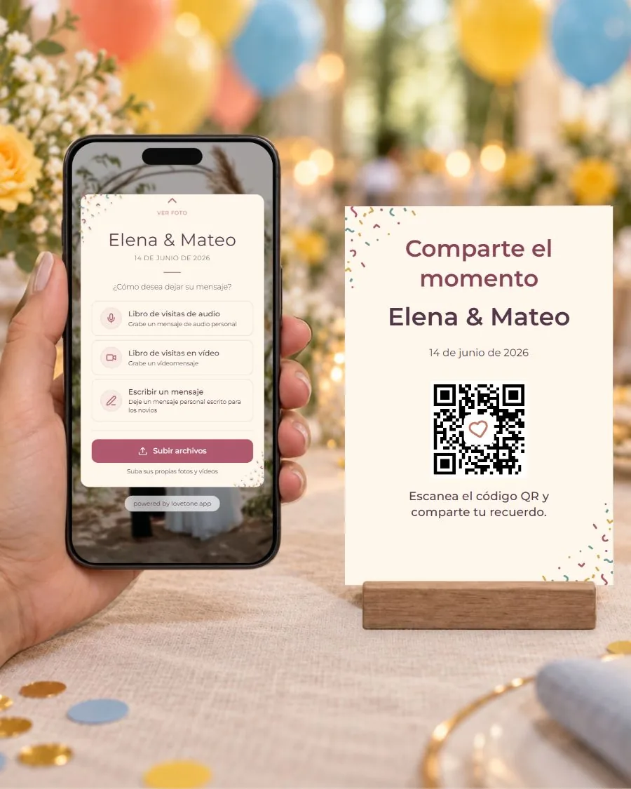 Confeti de fiesta: la página de invitados en el teléfono y su tarjeta QR a juego