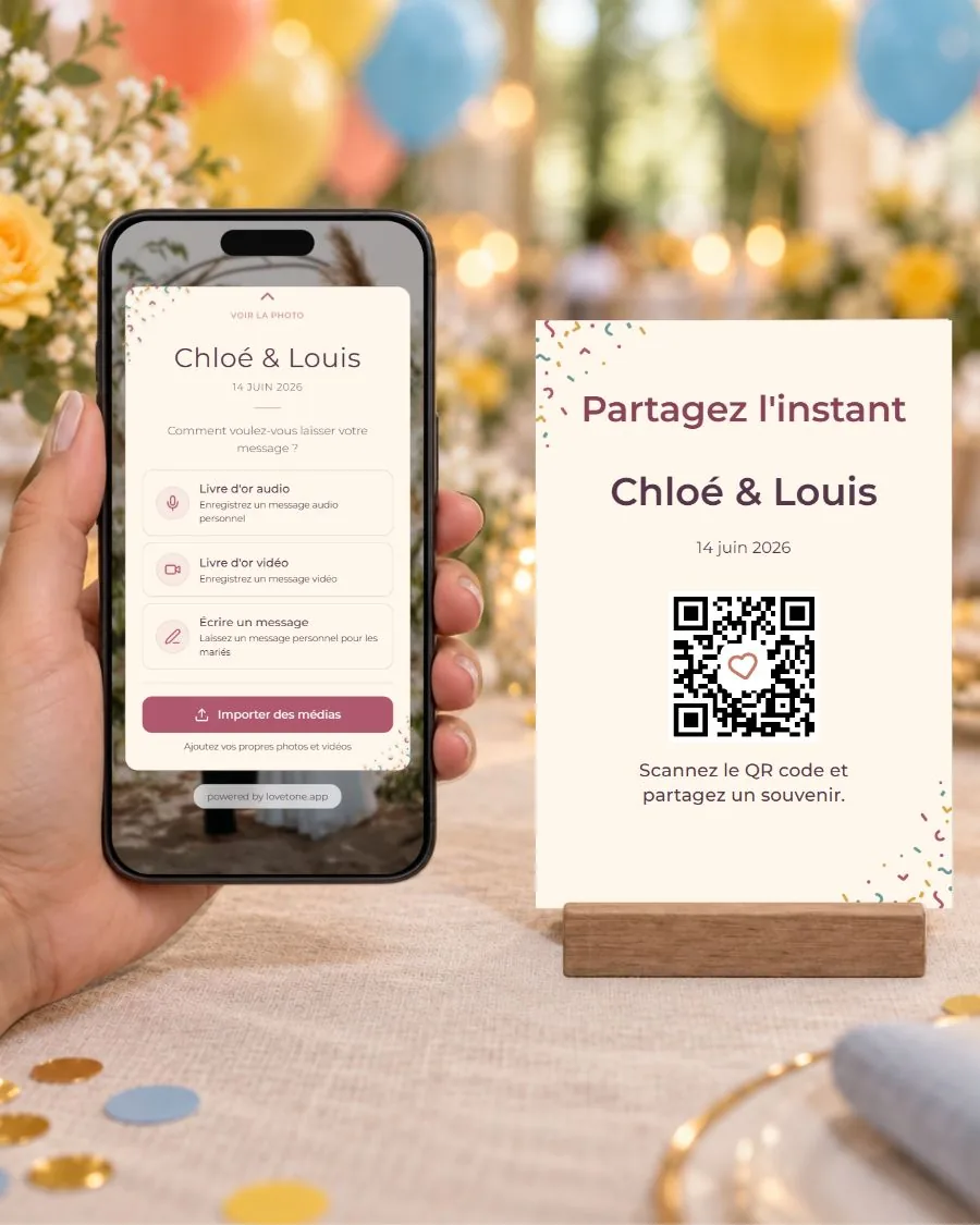 Confettis de fête: la page des invités sur téléphone et sa carte QR assortie