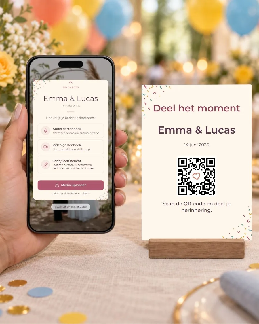 Feestconfetti: de gastpagina op de telefoon en de bijpassende QR-kaart