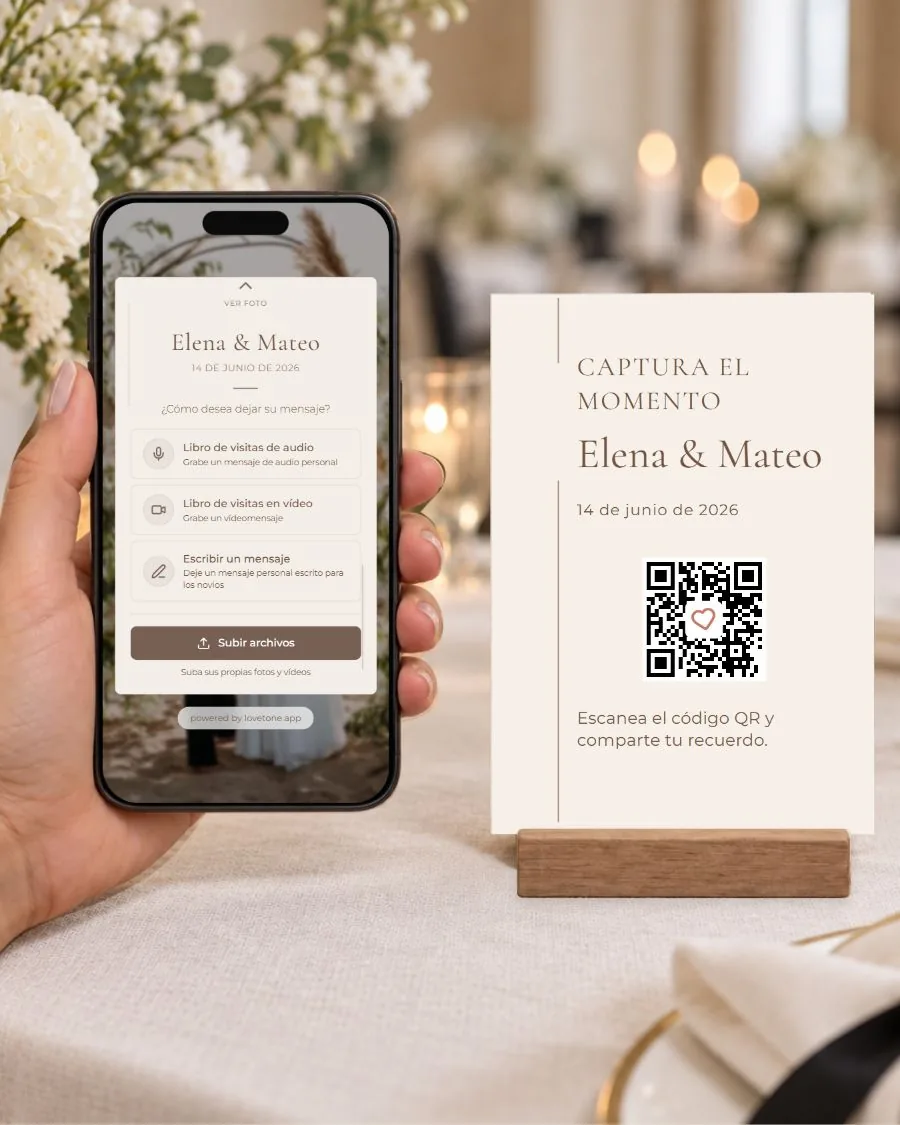 Editorial minimal: la página de invitados en el teléfono y su tarjeta QR a juego
