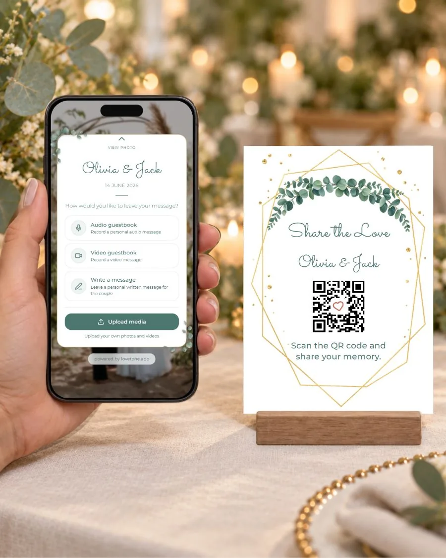 Eucalyptus & gold: the guest page on a phone and its matching QR card