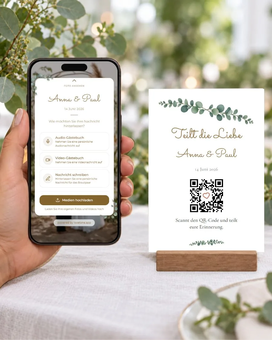 Eukalyptuszweig: die Gästeseite auf dem Smartphone und die passende QR-Karte