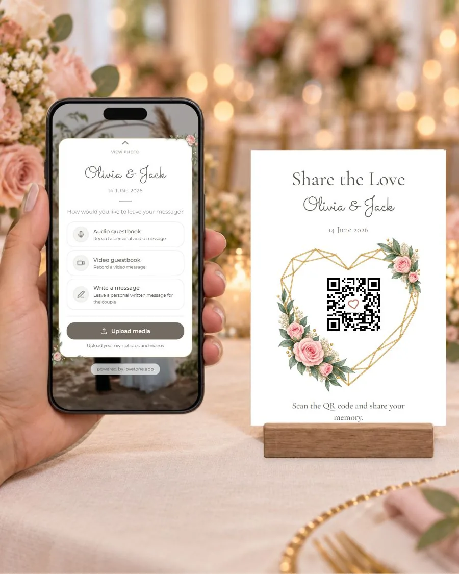 Floral heart: the guest page on a phone and its matching QR card