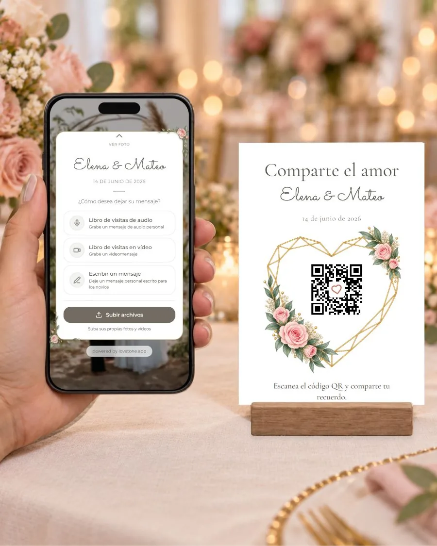 Corazón floral: la página de invitados en el teléfono y su tarjeta QR a juego