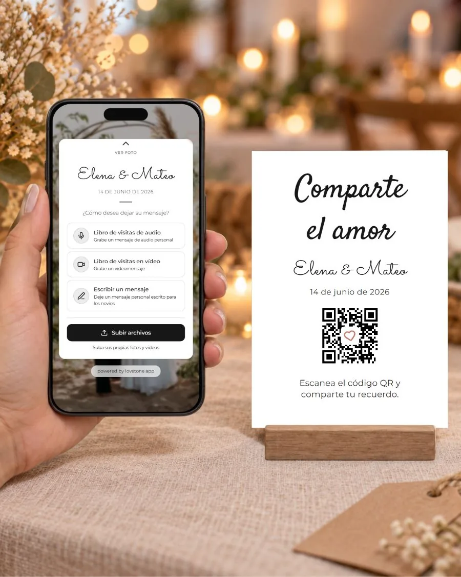 Amor manuscrito: la página de invitados en el teléfono y su tarjeta QR a juego