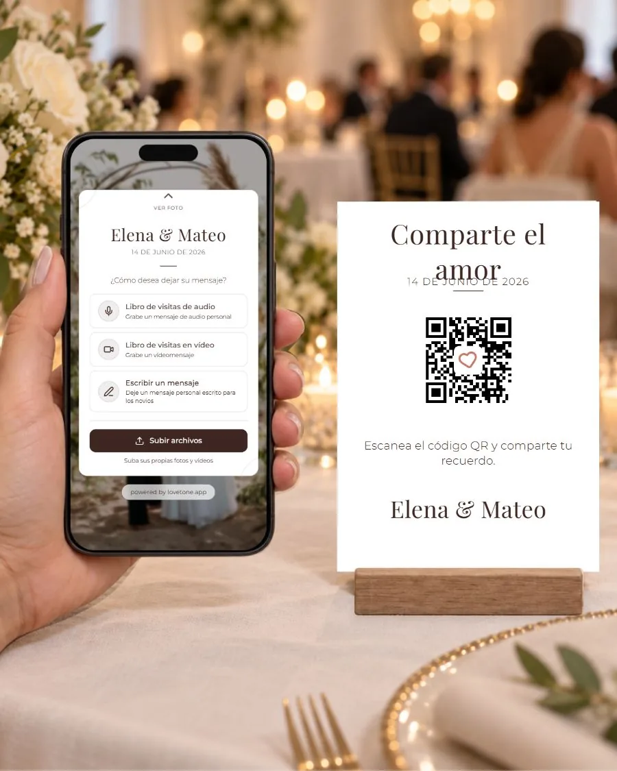 Clásico: la página de invitados en el teléfono y su tarjeta QR a juego