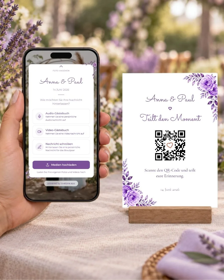 Lavendelromantik: die Gästeseite auf dem Smartphone und die passende QR-Karte