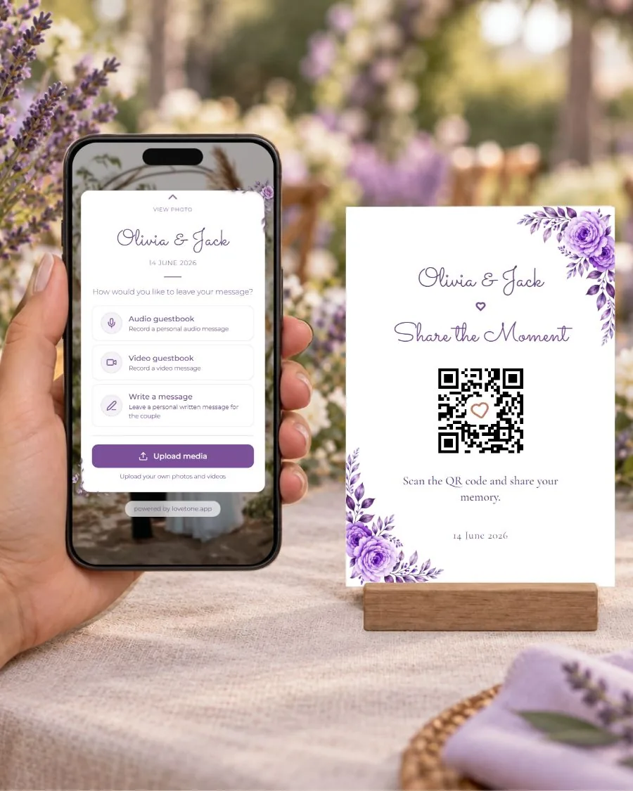 Lavender romance: the guest page on a phone and its matching QR card