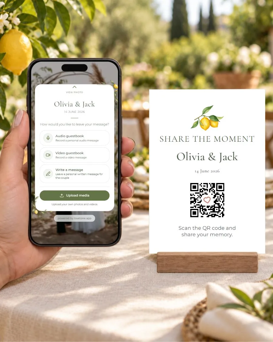 Lemon moment: the guest page on a phone and its matching QR card