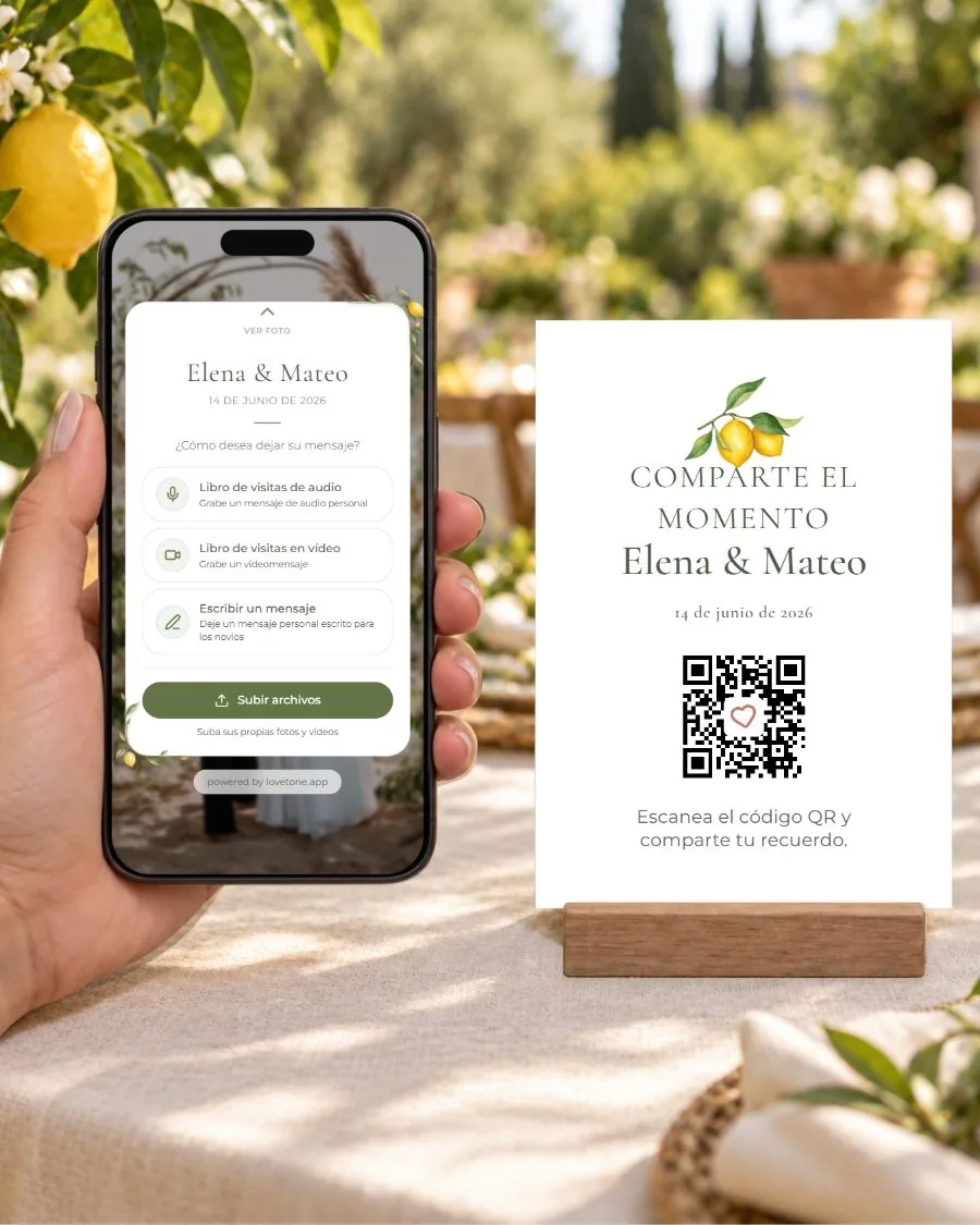 Momento limón: la página de invitados en el teléfono y su tarjeta QR a juego