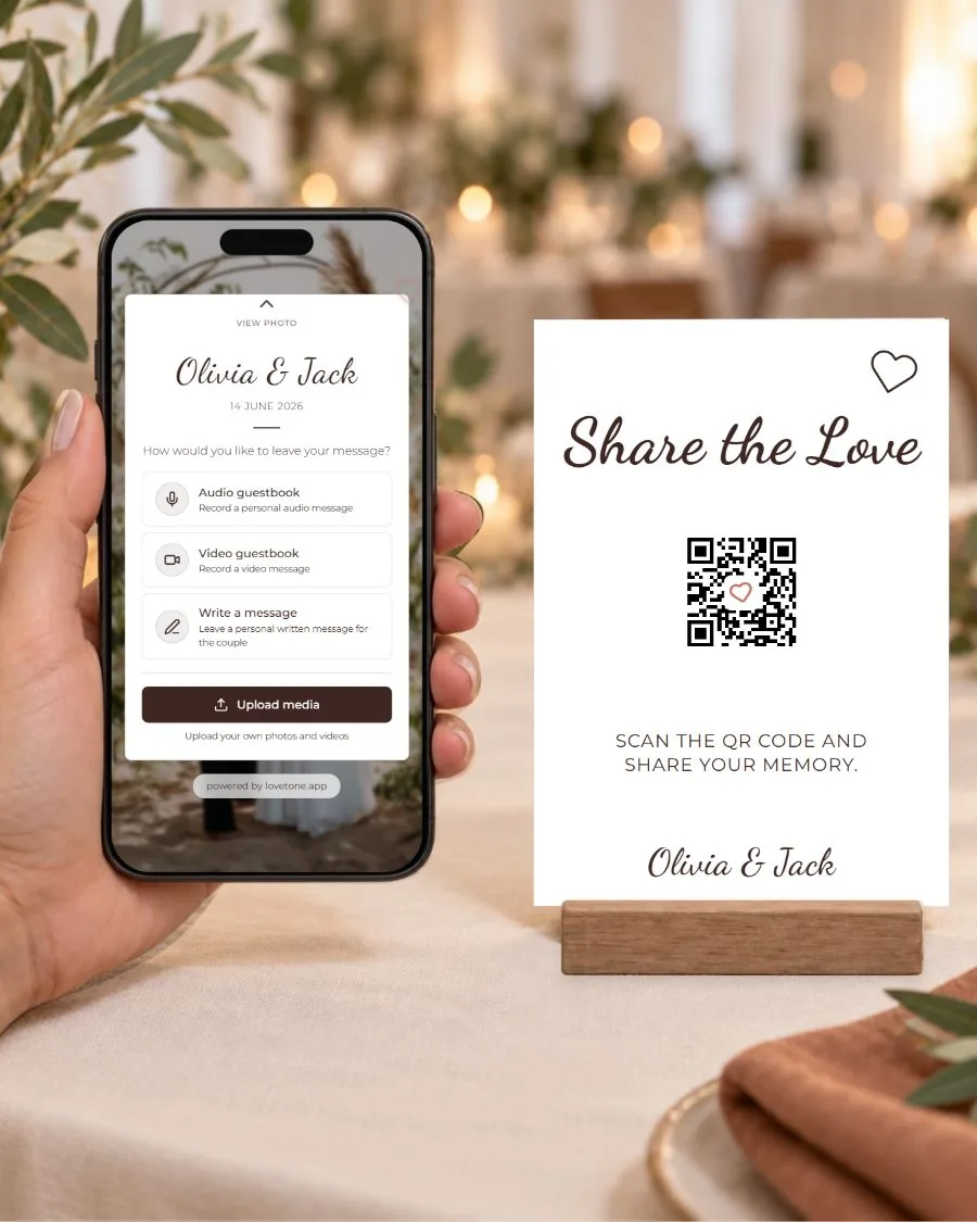 Modern: the guest page on a phone and its matching QR card
