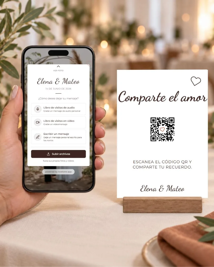 Moderno: la página de invitados en el teléfono y su tarjeta QR a juego