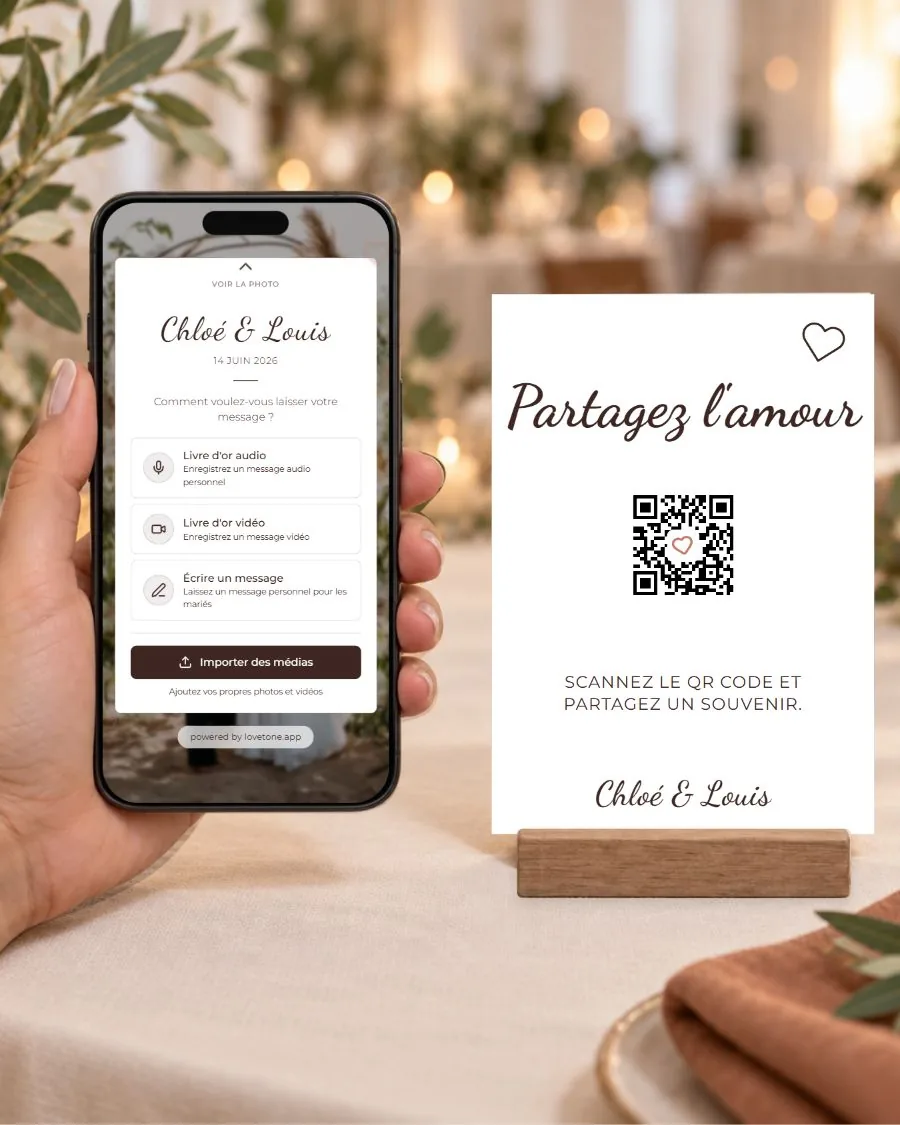 Moderne: la page des invités sur téléphone et sa carte QR assortie