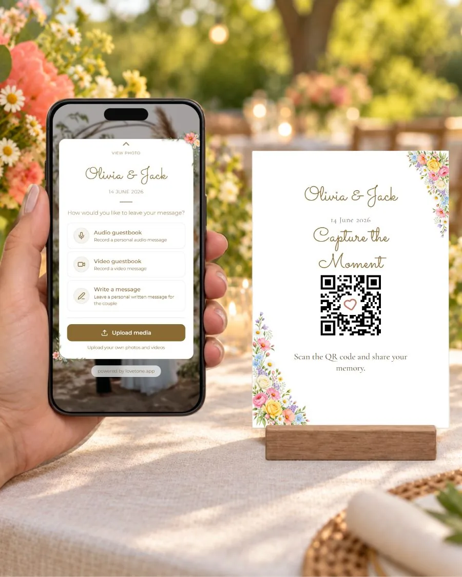 Summer flowers: the guest page on a phone and its matching QR card